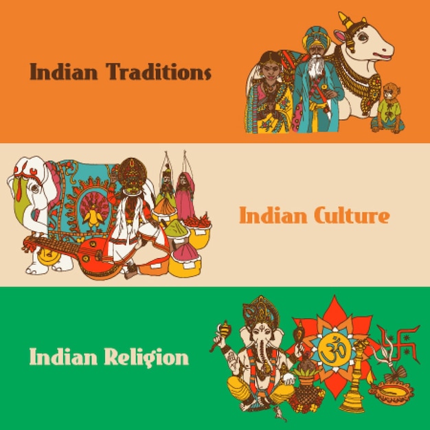 Gratis Vektor indien skissbanners set