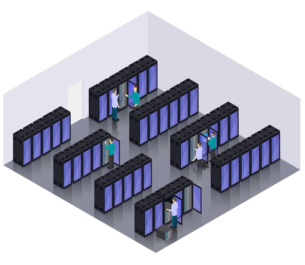 Gratis Vektor isometrisk datacenter hosting serverrum koncept