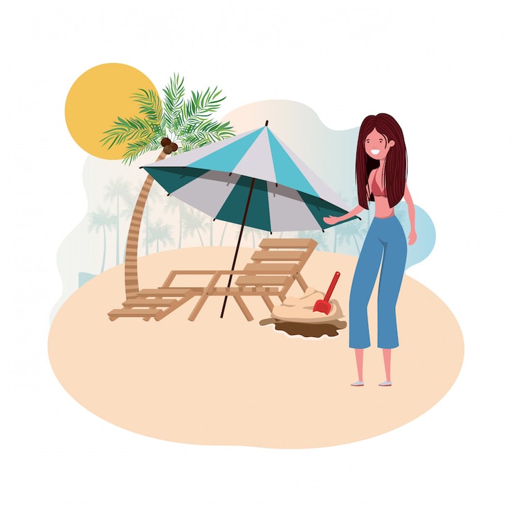 Gratis Vektor kvinna på ö med baddräkt och strandstol