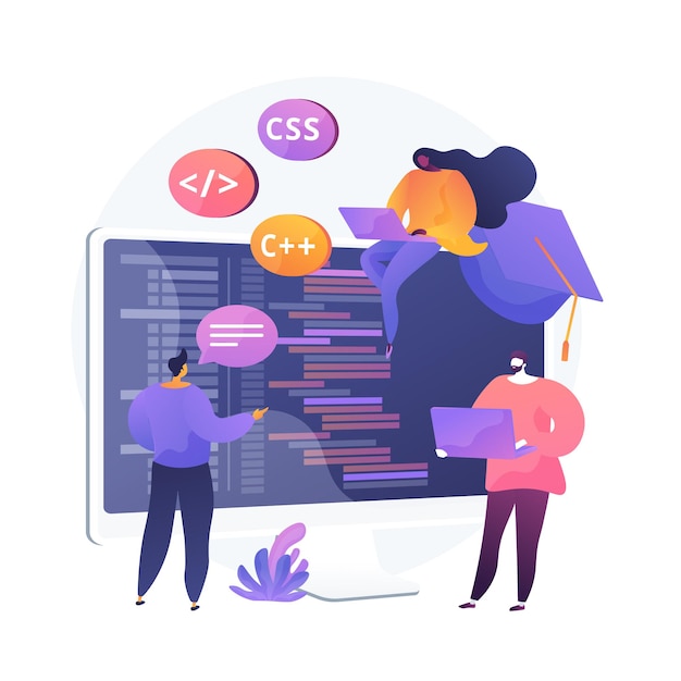 Gratis Vektor læring af programmeringssprog. softwarekodningskurser, klasse i webstedsudvikling, scriptskrivning. it-programmørers cartoons.