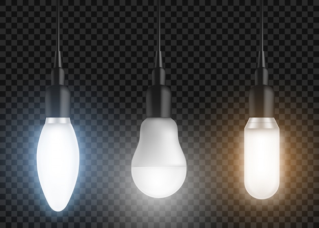 Gratis Vektor led-pærer sæt. glødende lamper, moderne lyspærer