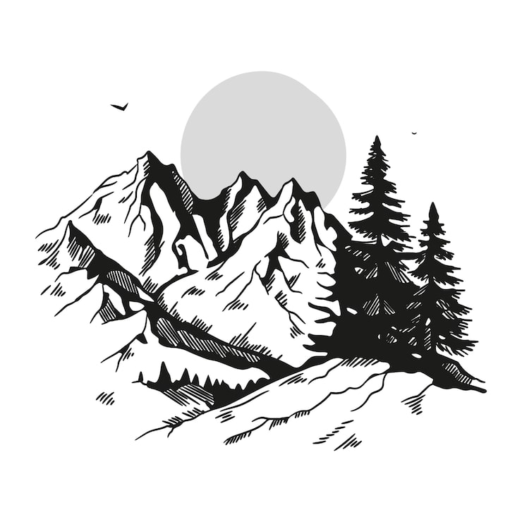 Gratis Vektor monokrom håndtegnet bjergomridsillustration