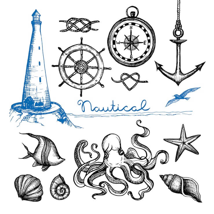 Gratis Vektor nautiskt handritat set