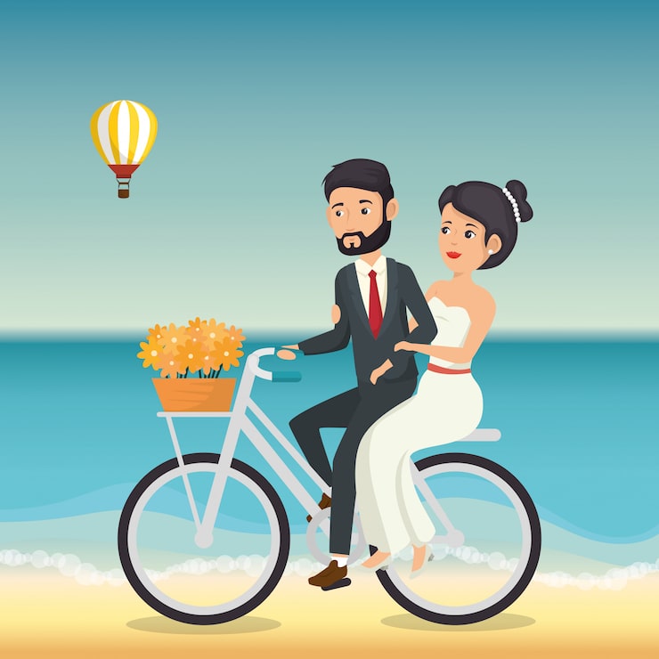 Gratis Vektor nygifta par på stranden med cykel