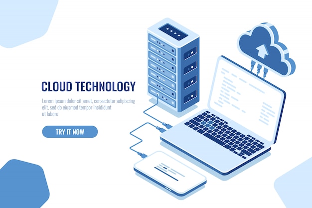 Gratis Vektor ordningen med dataoverførsel, isometrisk sikker forbindelse, cloud computing, serverrum, datacent