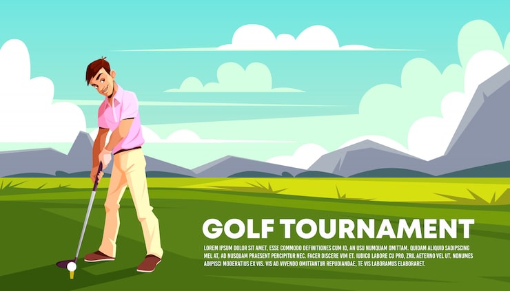 Gratis Vektor plakat, et banner af en golfturnering. mand spiller på grønt græs.