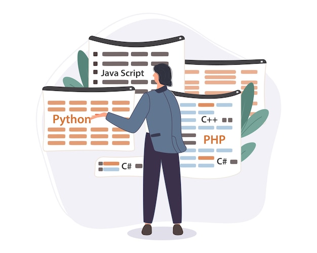 Gratis Vektor programmerer, der arbejder på webudviklingskode. ingeniørprogrammering i python, php og java script på computer.