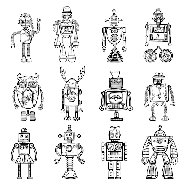 Gratis Vektor sæt med robots doodle stile sorte ikoner