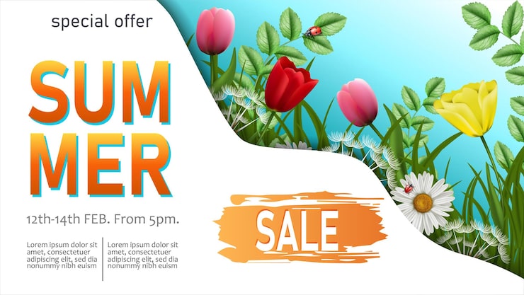 Gratis Vektor sommersalg vandret banner skabelon med sommerblomster og bugs