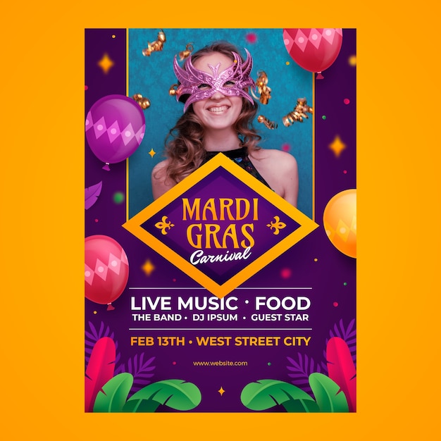 Gratis Vektor vertikal gradient-skabelon til mardi gras-festival