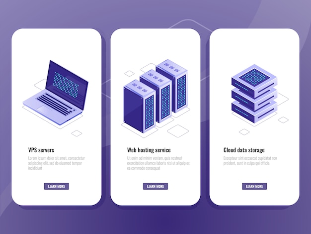 Gratis Vektor webhosting-tjeneste isometrisk ikon, vps serverrum, datavarehus skylagring