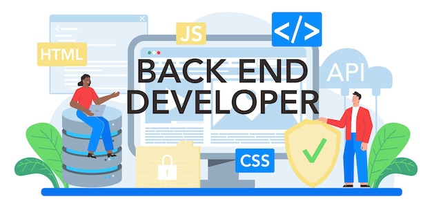 Gratis Vektor back end utvikler typografisk header. programvareutviklingsprosess. nettside grensesnitt design forbedring. programmering og koding it-yrke. isolert flat vektorillustrasjon