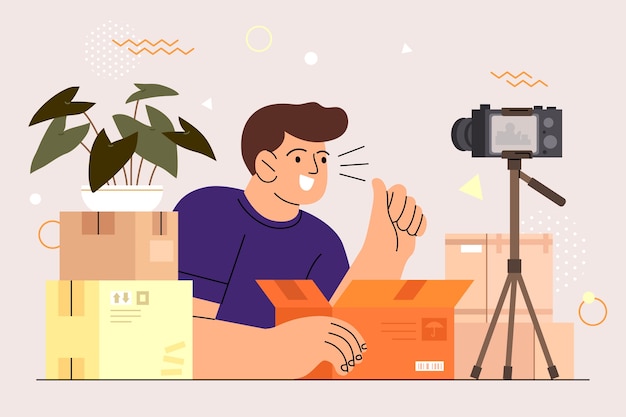 Gratis Vektor flat design unboxing-illustrasjon