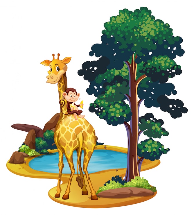 Gratis Vektor giraff og ape ved dammen