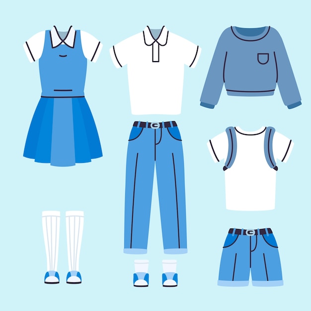 Gratis Vektor håndtegnet skoleuniform elementkolleksjon