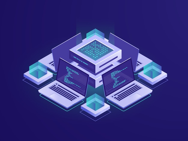 Gratis Vektor kunstig intelligens isometrisk ikon, serverrom, datasenter- og databasekonsept