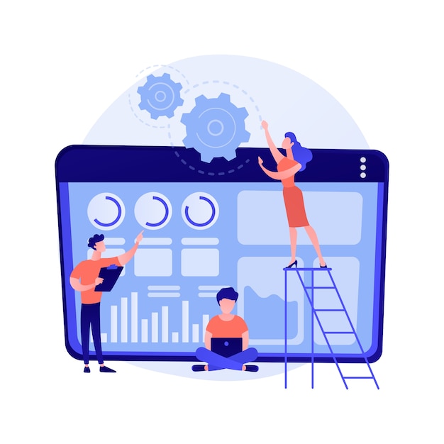 Gratis Vektor programvareoppussing, apputvikling, programmering. dataprogrammer modernisering og innovasjon. programmerere team tegneseriefigurer.