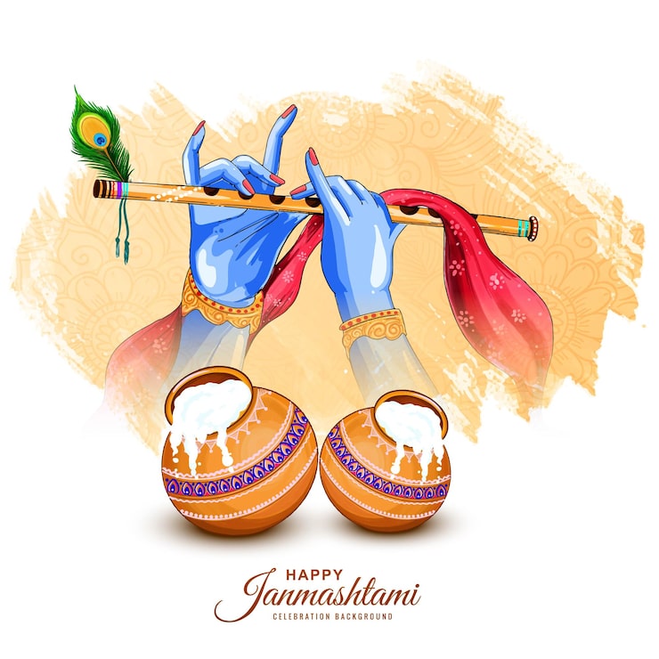 Vakker, lykkelig janmashtami med Lord Krishna som spiller bansuri-festivaldesign