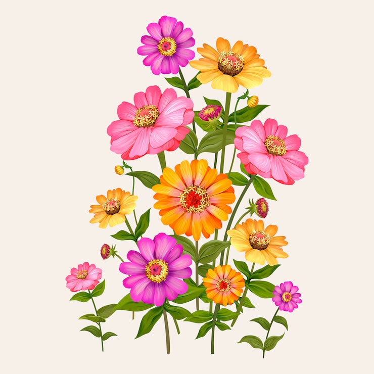 Gratis Vektor vakker zinnia blomstrende plante illustrasjon