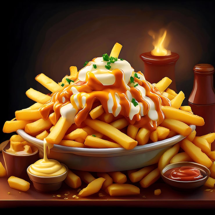Photo hình minh họa poutine điển hình của canada một bức ảnh về một bát mì ống với ngọn lửa ở phía sau