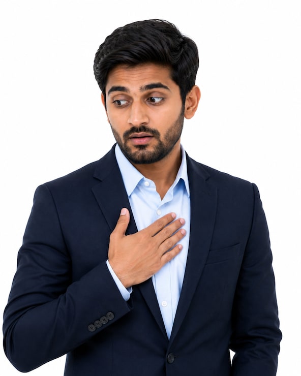 Photo người đàn ông mặc vest lo lắng với tay đặt lên ngực