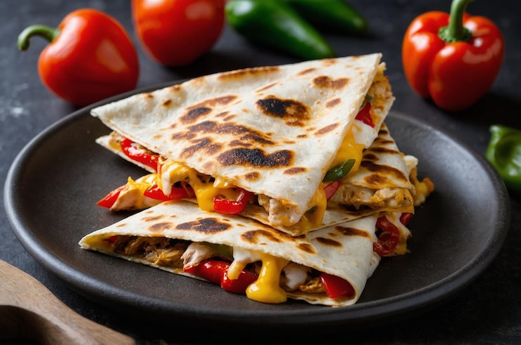 Photo quesadilla với phô mai tan chảy, thịt gà và một bên salsa