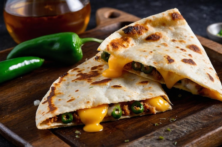 Photo quesadilla với phô mai tan chảy, thịt xông khói và viền giòn