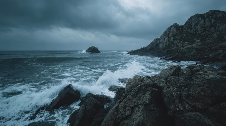 Miễn phí Photo sóng bão dữ dội ven biển đập vào bờ đá với những vách đá phủ sương