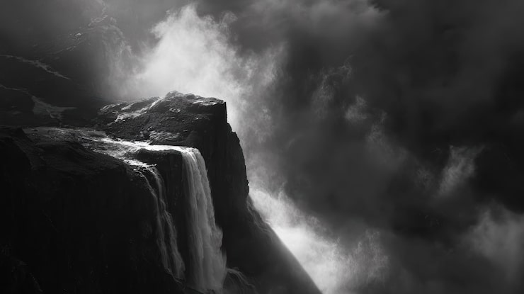 Miễn phí Photo thác nước đen trắng hùng vĩ chảy xuống vách đá