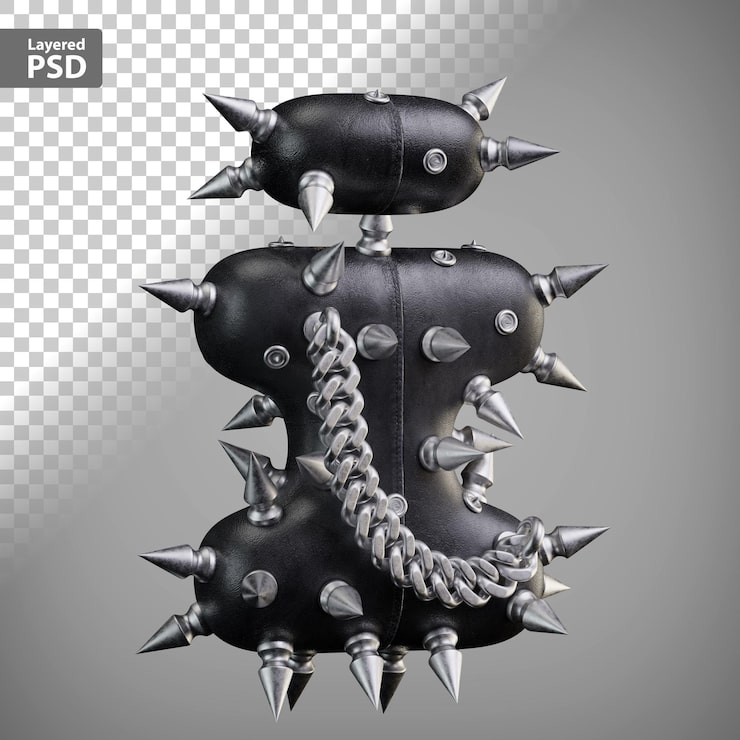Ilmainen PSD 3d-renderöity nahkakirjain, jossa on metallipiikkejä ja ketju
