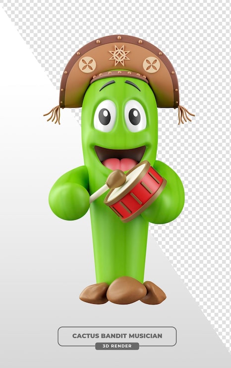 Ilmainen PSD 3d-sarjakuva cactus bandit -muusikko soittaa rumpua