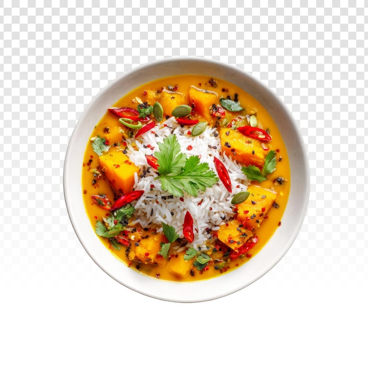 Ilmainen PSD butternut-kurpitsacurry riisin ja chilipaprikoiden kera