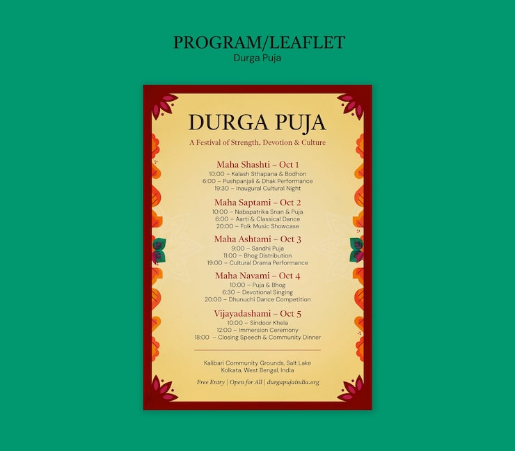 Ilmainen PSD durga puja -festivaalin ohjelman lehtinen