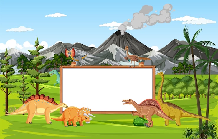 Ilmainen Vektori kohtaus, jossa on dinosauruksia ja valkotaulu metsässä