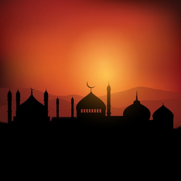 Ilmainen Vektori ramadanin maisematausta auringonlaskun aikaan