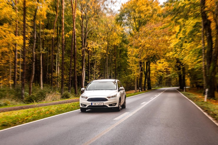 Photo gratuit berline blanche sur route d'automne vide voiture traversant la forêt