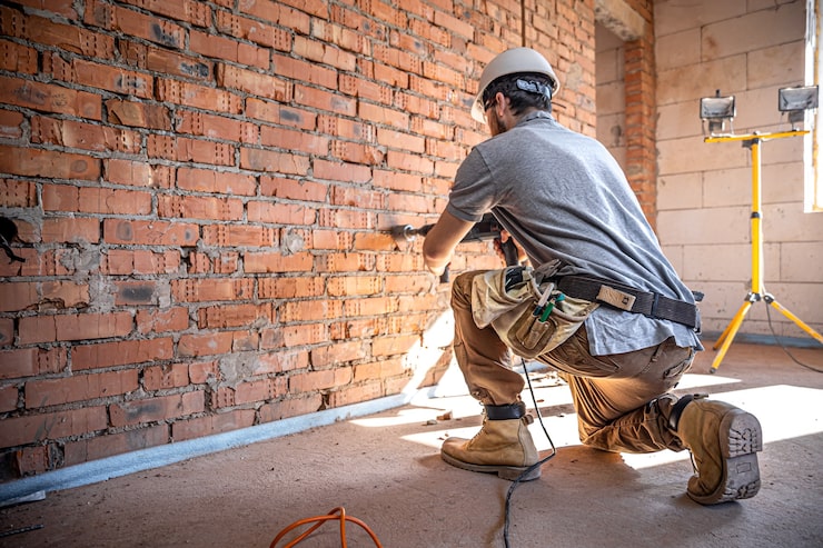 Photo gratuit bricoleur sur un chantier de construction en train de percer un mur avec un perforateur