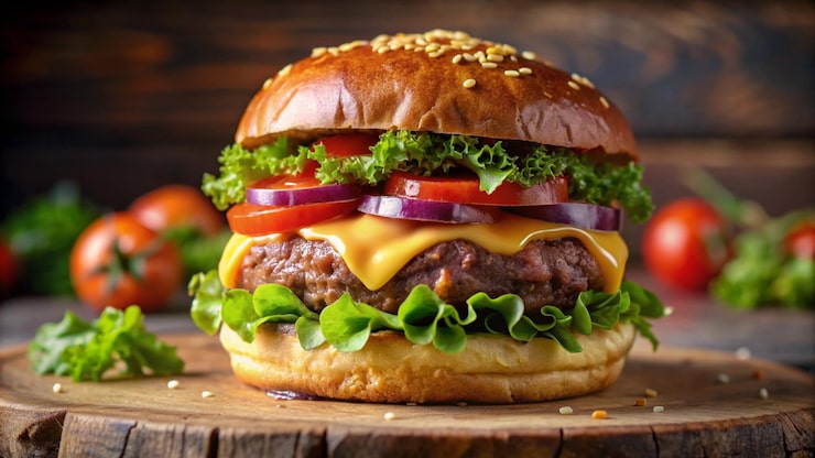 Photo gratuit un cheeseburger juteux sur une planche de bois rustique