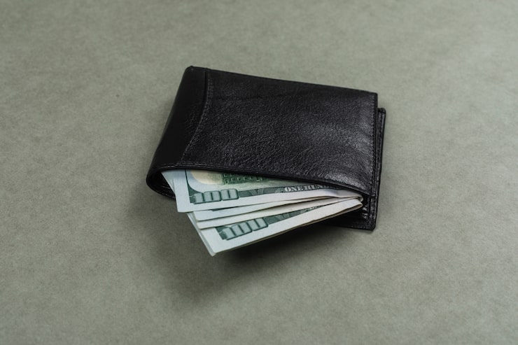 Photo gratuit concept commercial et financier avec des dollars en portefeuille sur une surface grise à plat.