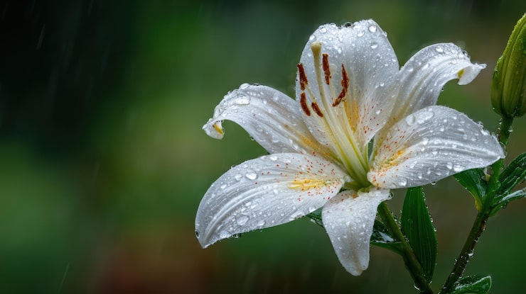 Photo gratuit fleur de lys blanche avec des gouttes de pluie