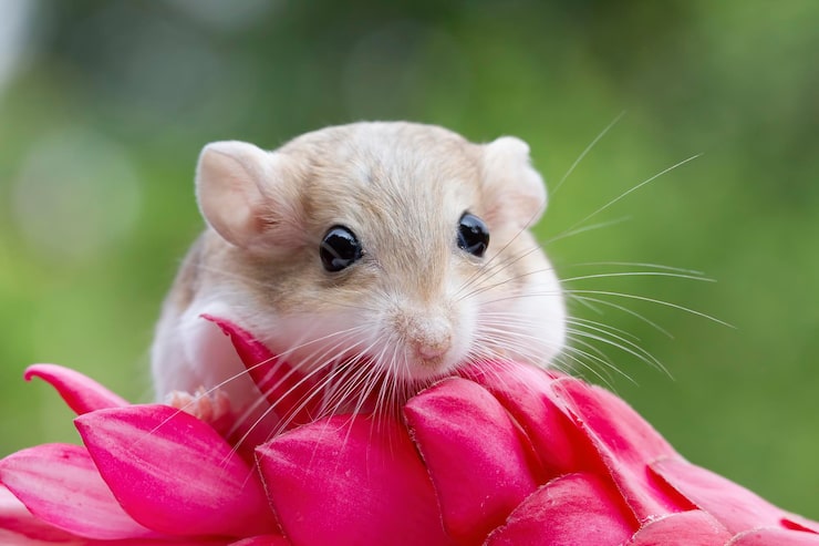 Photo gratuit la grosse queue de gerbille mignonne rampe sur la fleur rouge la grosse queue de garbille sur la fleur