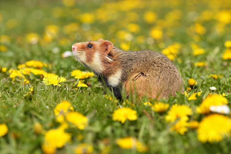 Photo gratuit un hamster européen dans une prairie en fleurs