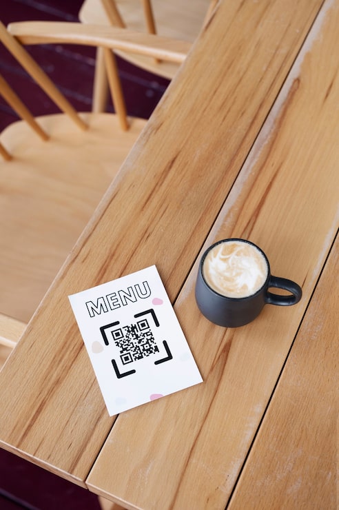 Photo gratuit note de code qr à angle élevé et tasse à café
