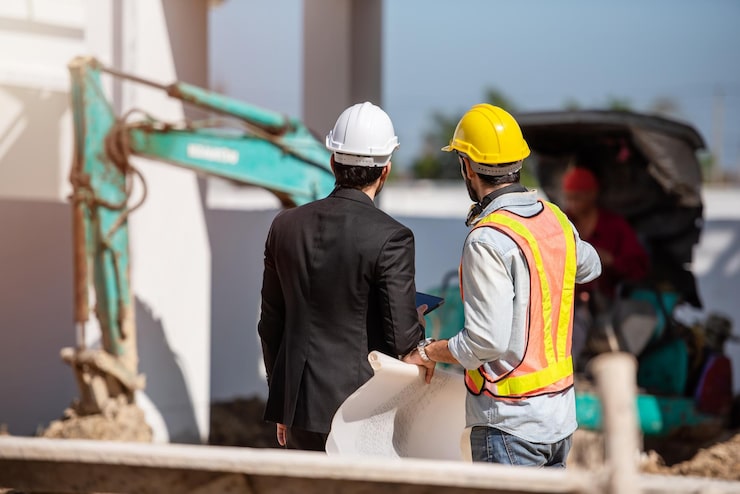 Photo gratuit ouvrier du bâtiment et ingénieur travaillant ensemble sur un chantier de construction