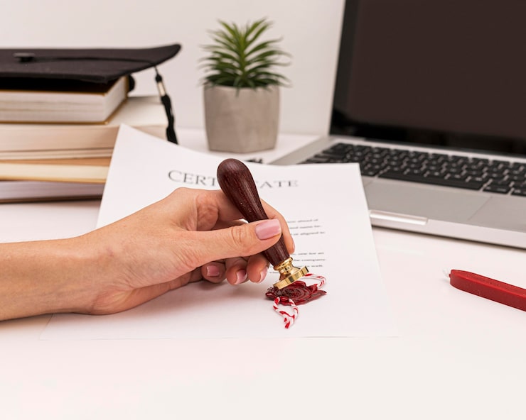 Photo gratuit personne utilisant un sceau de cire pour le certificat de diplôme