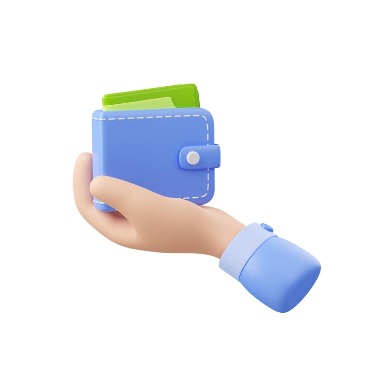 Photo gratuit portefeuille de prise de main 3d avec de l'argent en papier-monnaie