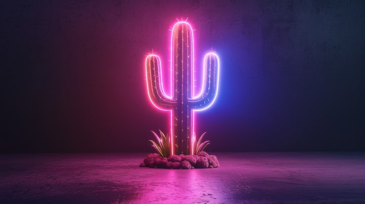 Photo gratuit rendering 3d d'un cactus au néon vibrant dans le désert
