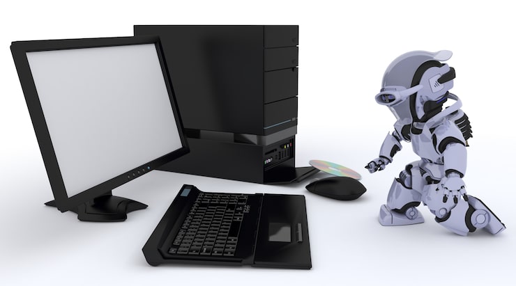 Photo gratuit robot avec un ordinateur