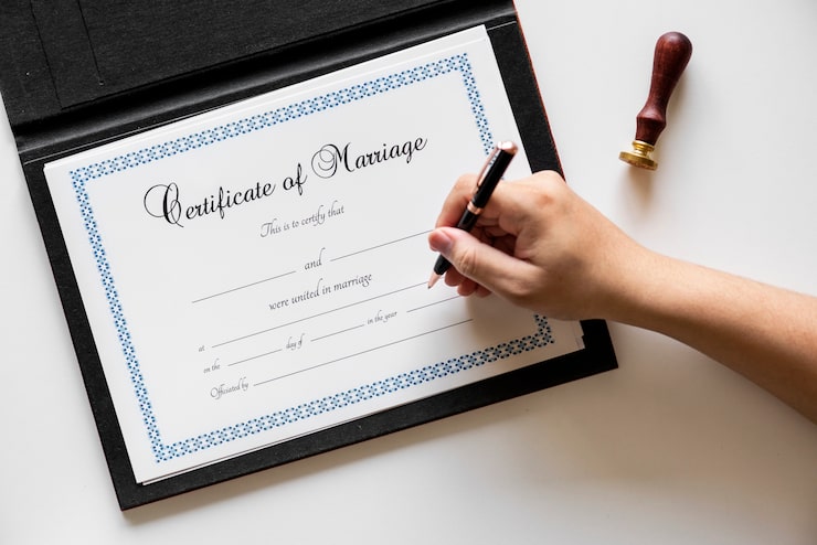 Photo gratuit signature de main sur la certification de mariage