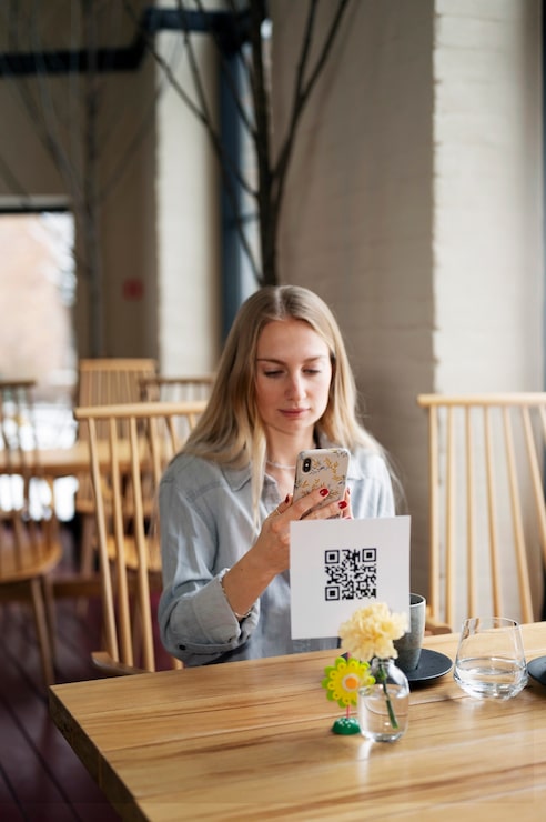 Photo gratuit smiley femme scannant le code qr au restaurant